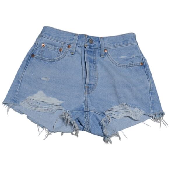 Levi's 501 Distressed Woman's High Waisted Shorty Jean Shorts Size 24 - Picture 3 of 14